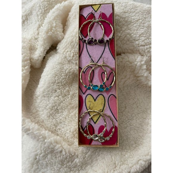 Vintage Gold Tone Faux Gemstone Hoop Dangle Earrings - 3 Pairs - Picture 8 of 8